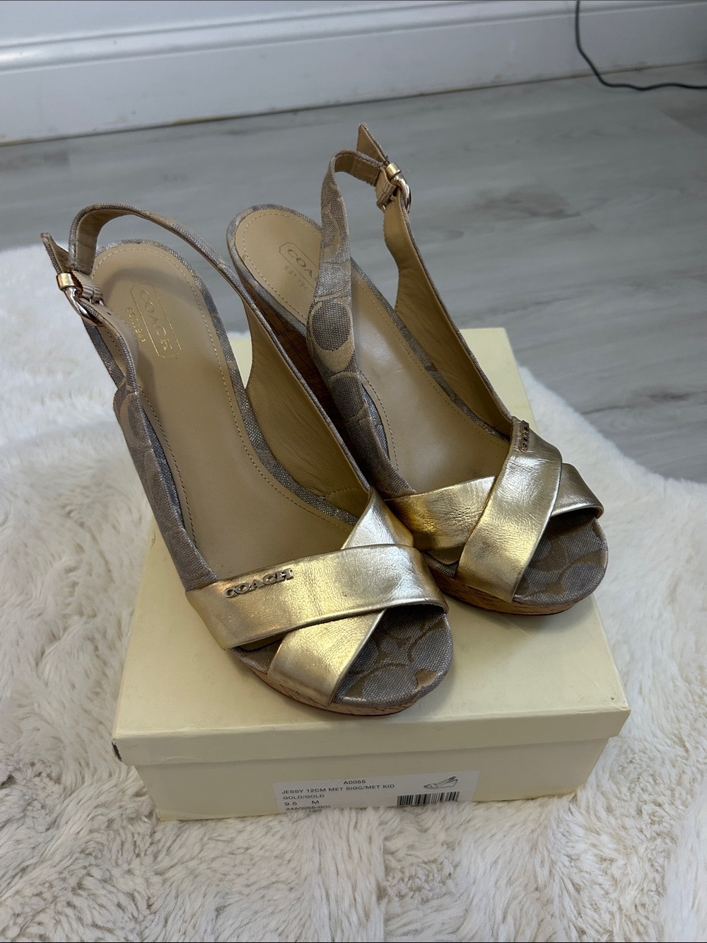 Coach Jessy Gold Metallic Canvas Logo Wedge Heeled Sandals